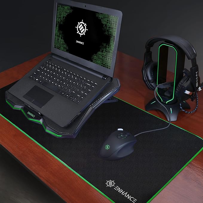 ENHANCE Cryogen 5 Gaming Laptop Cooling Pad Stand - Laptop Cooler with 7 Adjustable Height Settings &amp Dual USB Ports up to 17 inches - 1 Ultra Quiet High Performance LED Fan 800 RPM - Green