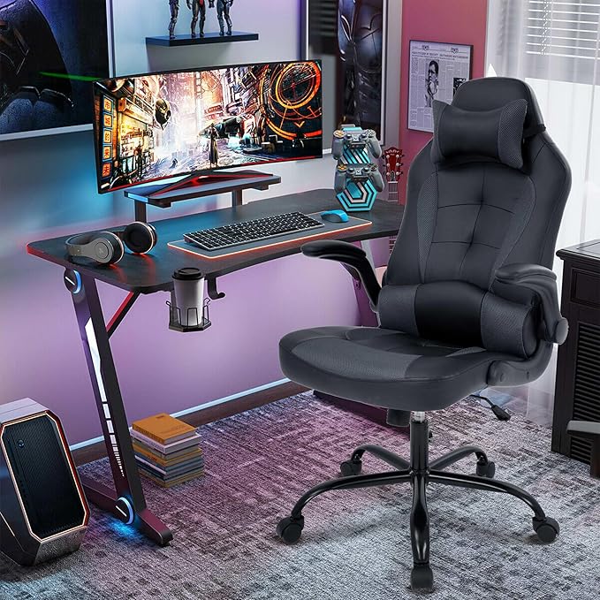High Back PU Leather Office Gaming Chair Comfortable Big and Tall Height Adjustable Heavy Duty Racing Chair with Headrest &amp Lumbar Support (Grey)