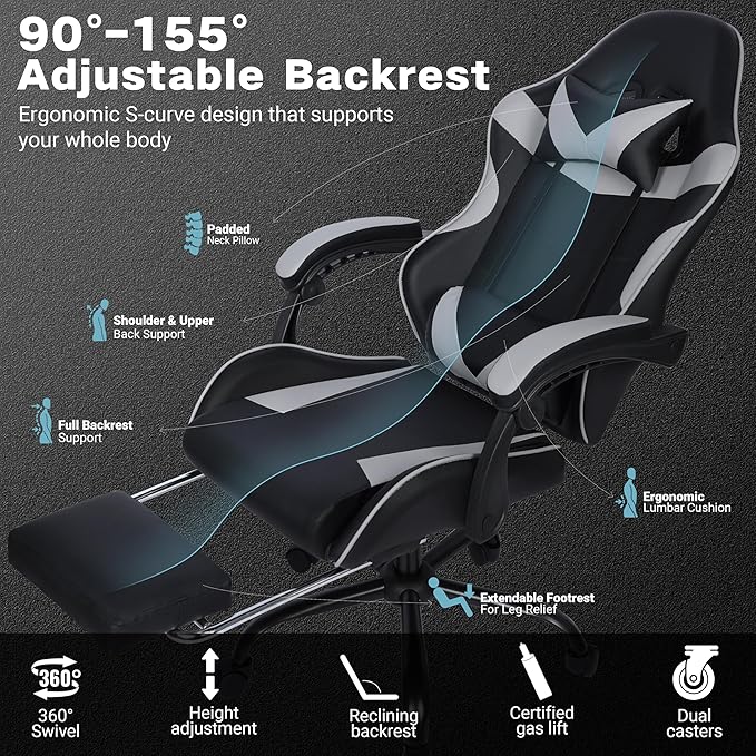 FAB&ampDeluxe Gaming Chair Ergonomic Computer Office Chair with Footrest and Lumbar Support Height Adjustable Desk Chair with 360° Swivel Seat and Headrest Grey &amp Black