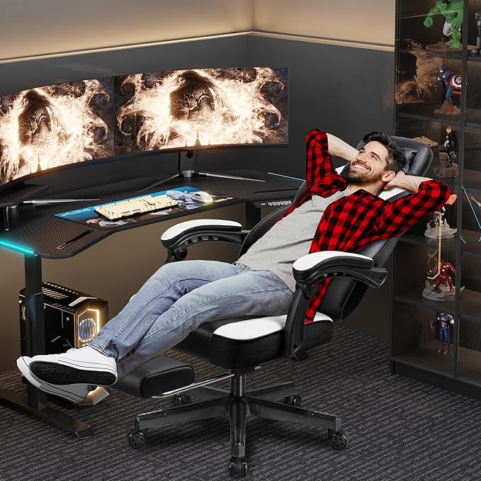 Shintenchi Gaming ChairVideo Game Chair with footrest and Massage Lumbar SupportHeight Adjustable Game Chair with 360°Swivel Seat Ergonomic Computer Chair with Headrest for Office or Gaming(White)
