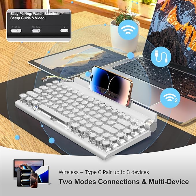 Retro Typewriter Wireless Mechanical Gaming Keyboard Bluetooth 5.0 Office Computer Vintage Keyboards 83-Key Blue Switches Punk Round Keycap LED Backlight Compatible with PC/Laptop/Pad/Phone White