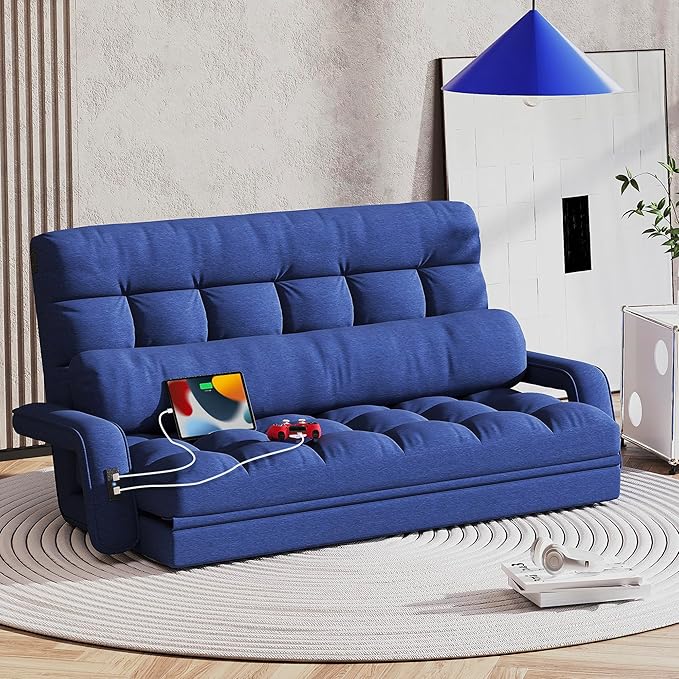 STHOUYN Comfy Bedroom Chair with 2 USB Charging Ports 5-Position Floor Couch Gaming Chairs for Adults Lounge Chair Indoor Folding Lazy Sofa Meditation Arm Dorm Chair Living Room (Navy Blue)