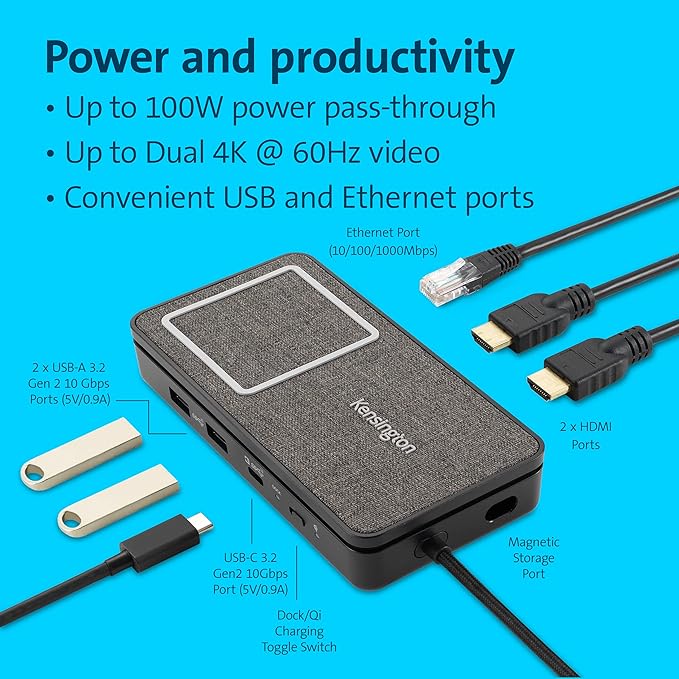 Kensington USB-C Hub with Qi Charging Dual HDMI 4K@60Hz 100W PD Pass Through Charging 1Gbps Ethernet Port Compatible with MacBook iPad HP Lenovo Laptops (K32800WW) Black