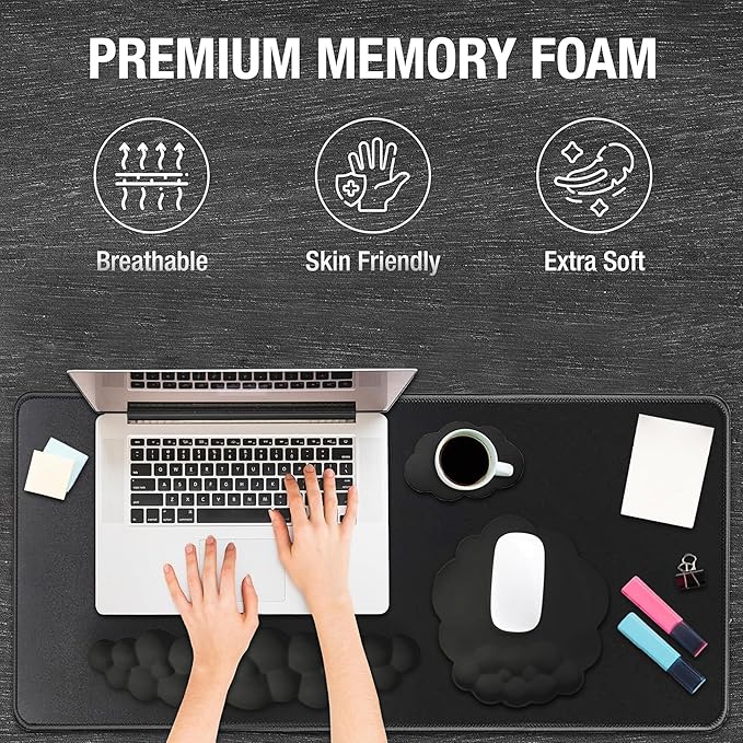 Premium Quality Cloud Wrist Rest Keyboard &amp Mouse Pad Set – Ergonomic Memory Foam Desk Accessories with Wrist Support for Office &amp Gaming – Black Fabric