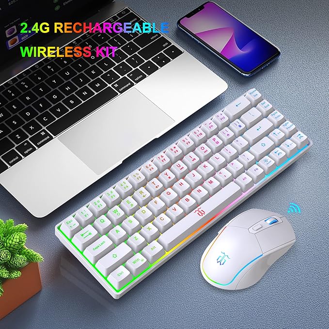 Snpurdiri 60% Wireless Gaming Keyboard and Mouse ComboLED Backlit Rechargeable 2000mAh BatteryMini Mechanical Feel Anti-ghosting Keyboard +Popular RGB Gaming Mice for PC Gamer (White)