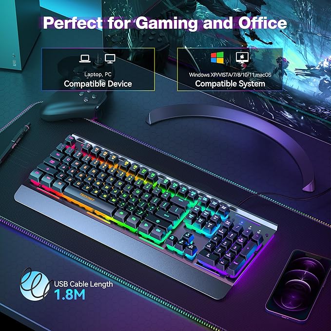TECKNET Gaming Keyboard USB Wired Computer Keyboard 15-Zone RGB Illumination IP32 Water Resistance 25 Anti-ghosting Keys All-Metal Panel (Whisper Quiet Gaming Switch)