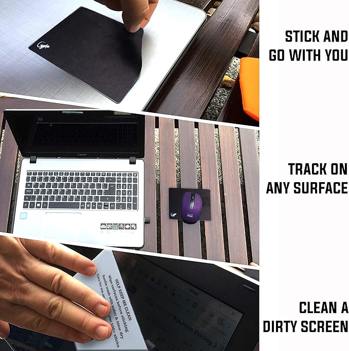 Mouse Pad Adhesive Bottom - Sticks to Any Surface - Portable - Webcam Covers and Screen Cleaner Included (5 Pack - Black)