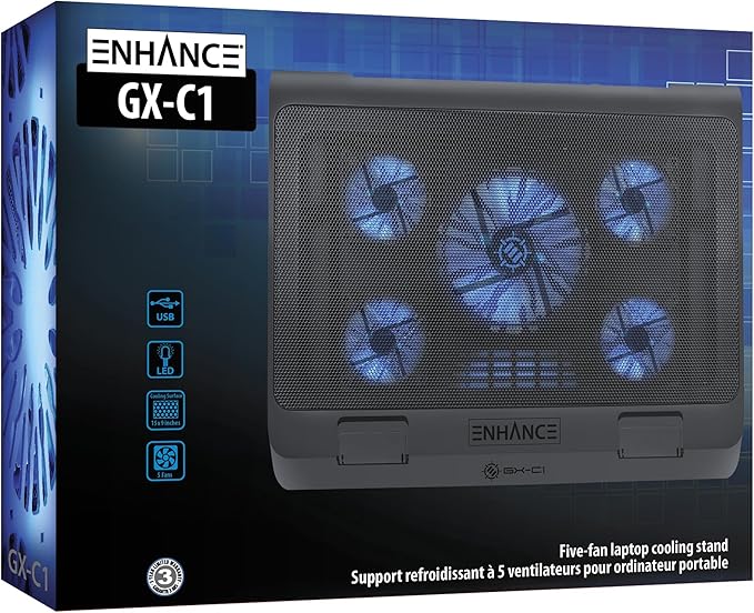 ENHANCE Gaming Laptop Cooling Pad Stand with LED Cooler Fans  Adjustable Height  &amp Dual USB Port for 17 inch Laptops - 5 Ultra Quiet High Performance Fans 2630 RPM &amp Built-In Bumpers - Blue