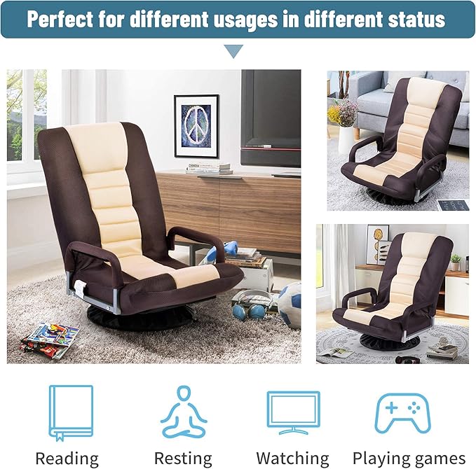 Foldable Floor Gaming Chair Video Gaming Rocker Chair for Adults 360° Swivel Comfort Armrest 7-Position Adjustable Back for Reading 330 lbs Support Steel Frame Comfortable Fabrics (Brown+Beige)