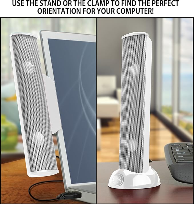 GOgroove SonaVERSE USB Speakers for Laptop Computer - USB Powered Mini Sound Bar with Clip-On Portable External Speaker Design for Monitor One Cable for Digital Audio Input and Power (White)