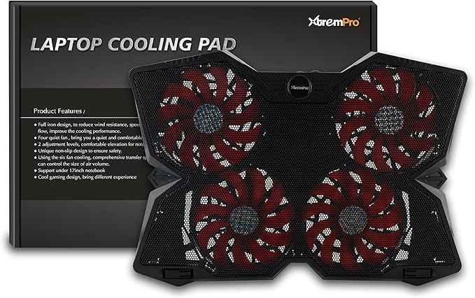 Portable Metal Mesh Laptop Cooler Cooling Pad 4 Quiet Fans w/Red LED Light Adjustable Height Up to 17 Inch Notebook 2 USB Interface w/Speed Control Switch Non-Slip - Black (11148)