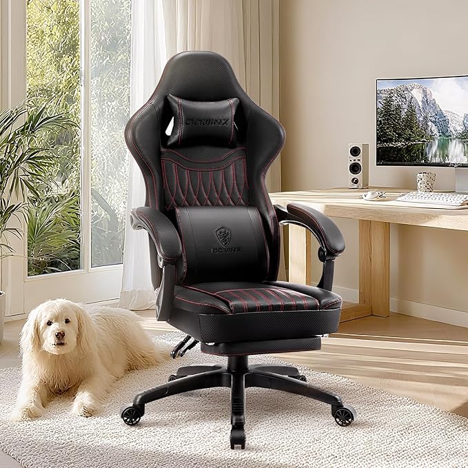 Dowinx Gaming Chair Breathable PU Leather Gamer Chair with Footrest Massage Lumbar Support Big and Tall Ergonomic Reclining Computer Chair with Pocket Spring Cushion for Adults Teens(Black)