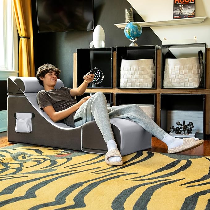 Jaxx Flexx V-Tex Convertible 3 in 1 Gamer Chair Table &amp Ottoman w/Adjustable Headrest &amp Pocket - Vinyl Submarine Grey