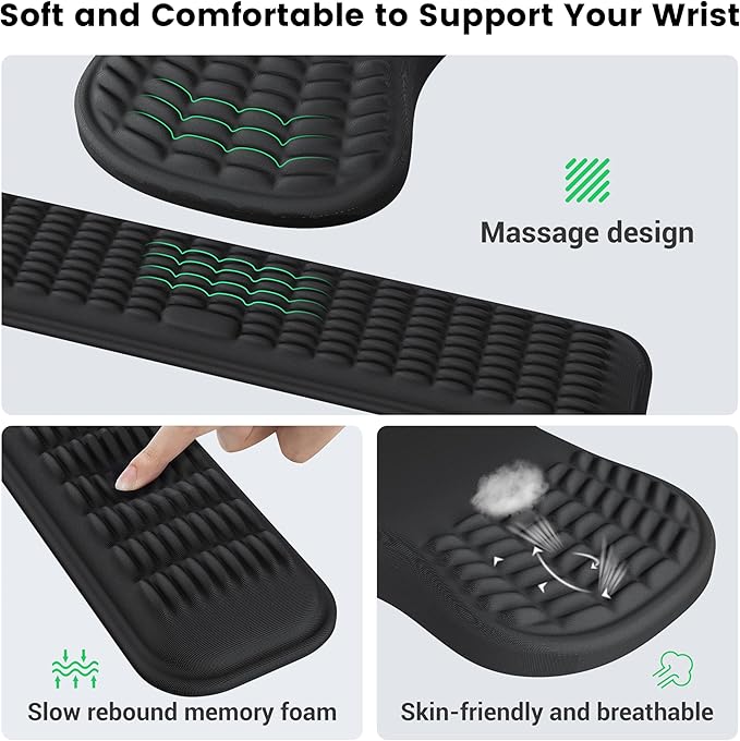 MEKASS Ergonomic Mouse Pad and Keyboard Wrist Rest Set Super Soft Memory Foam Desk Wrist Support for Computer Keyboard Non-Slip Arm Palm Rests Cushion for Typing Gaming Office Laptop Mac (Black)