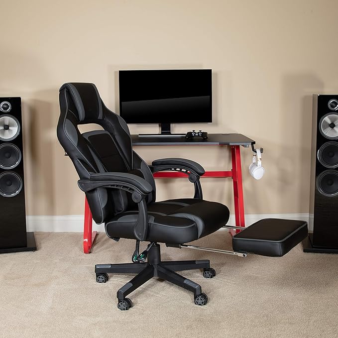 EMMA + OLIVER Black/Gray Ergonomic Gaming Chair -Recline Back/Arms Footrest Massaging Lumbar