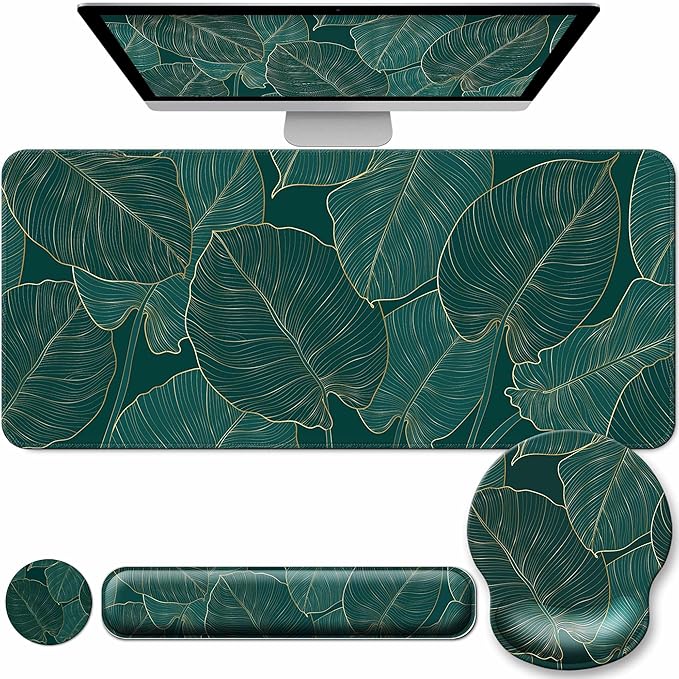 Desk Mat Set + Keyboard and Mouse Pad with Wrist Rest Support4-in-1 Large Mousepad Computer Mats for Desktop Home &amp Office-Green Leaves