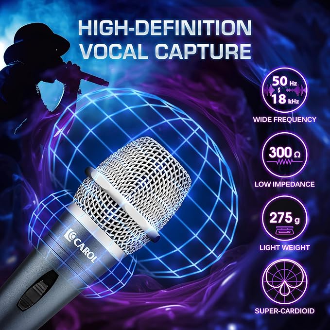CAROL E dur-916S Silver XLR Wired Vocal Microphone for Singing – Dynamic Supercardioid Mic with Dual Shock Mount System for Karaoke &amp Public Speaking Includes Mic Clip 14.8ft XLR Cable &amp Swi
