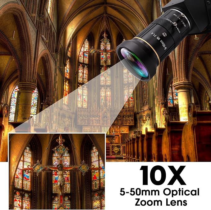 High Speed 4K HDMI USB Camera with 60fps Simultaneous USB3.0 and HDMI Output 5-50mm 10X Manual Focus Lens for Close-Up Industrial Applications in Computer Microscopy and Telescopic Imaging