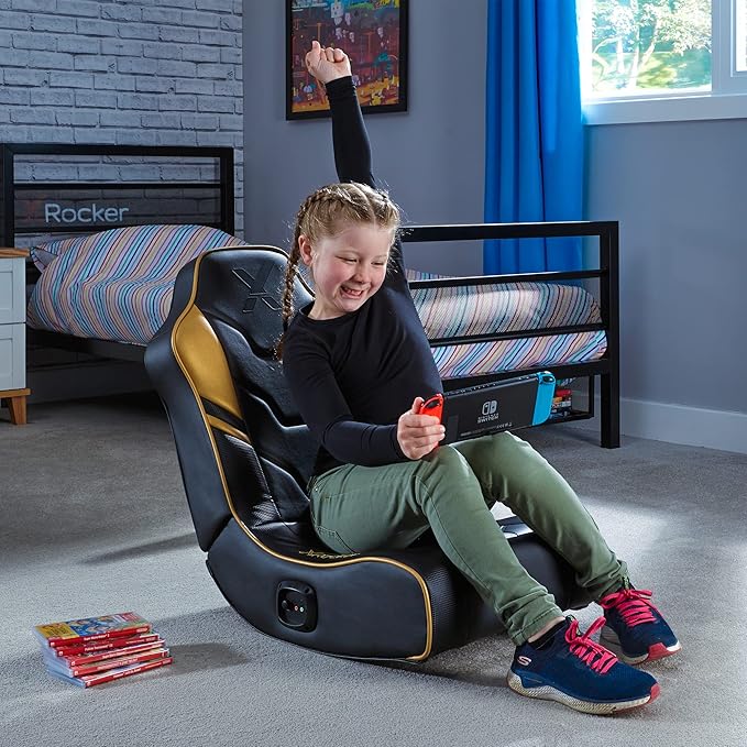 X-Rocker Shadow Gaming Chair for Kids and Juniors 2.0 Audio Floor Rocker Low Folding Rocking Seat with 2 Stereo Sound Speakers Padded Foam Gaming Seat for Children for XBOX PS4 PS5 Switch - BLACK