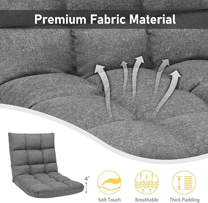 MAT EXPERT 14-Position Floor Chair Floor Gaming Chair w/Resilience Sponge Alloy Steel Frame Padded Bed Couch Recliner Floor Chair with Back Support for Reading Meditating (Gray)