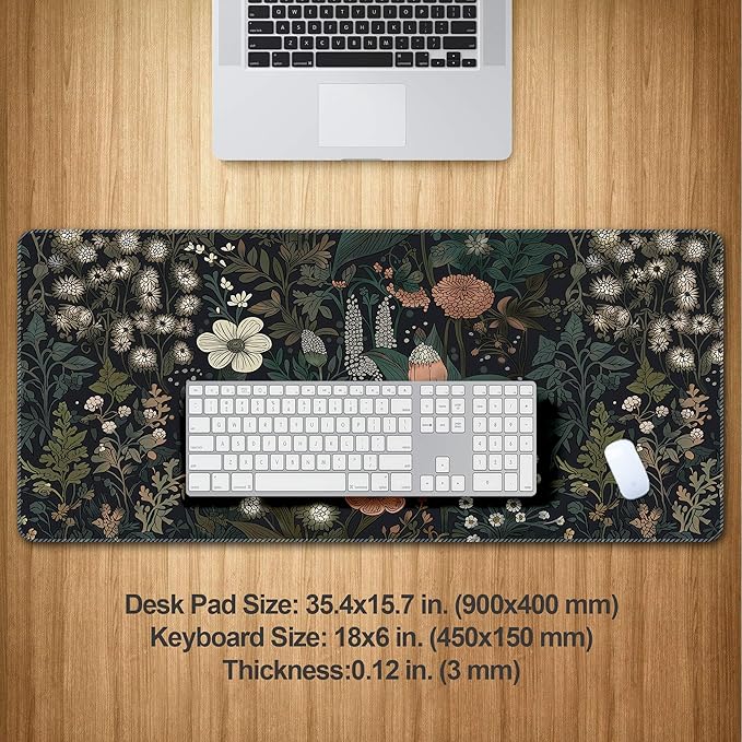 Dark Cottagecore Computer Mat Floral Desk Mat Botanical MousePads Vintage Wildflower Nature Desk Decor Garden Desk Pad Keyboard Laptop Mat Desktop Mat Gift for Plants Lover 35.4”x15.7”x0.12