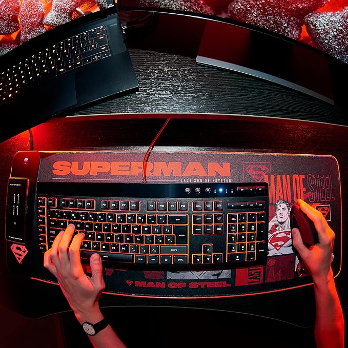 DC Comics Superman 2025 XL RGB Gaming Mat with 15W Wireless Charger | Customizable LED Anti-Slip Spill-Resistant