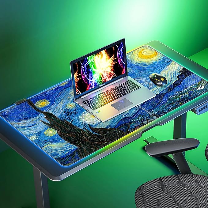 Vyaaa RGB Gaming Mouse Mat 39.3“ x 19.7” XXL Mouse Mat Van Gogh Starry Night LED Mouse Pad Non-Slip Rubber Base Keyboard Mouse Pad Suitable for Home Gaming Office