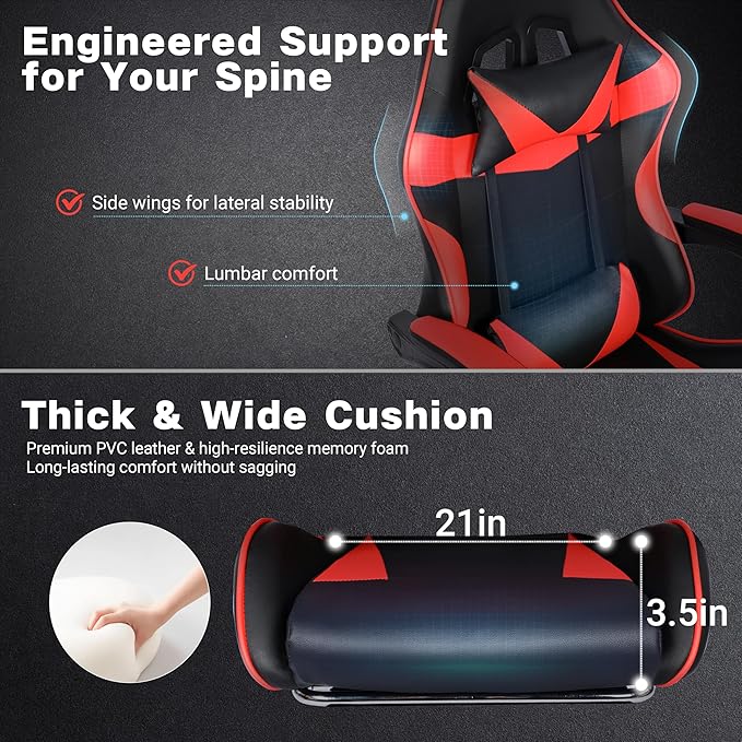 Gaming Chair Ergonomic Computer Chair with Footrest and Lumbar Support Height Adjustable Office Chair with 360° Swivel Seat and Headrest (Red &amp Black)