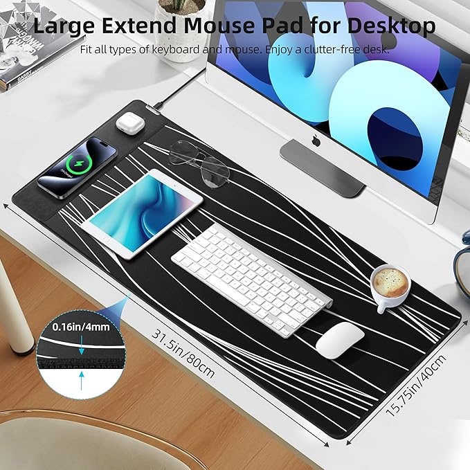 Mouse Pad with Wireless Charging Gaming Mouse Pad with Ultra-Smooth Surface Large XXL Desk Mat Non-Slip Mouse Mat Waterproof Computer Keyboard Pad for Desk Office 800x400x4MM Black and Line