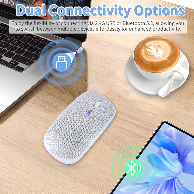 Rechargeable Bluetooth Wireless Mouse with Bling Crystal Rhinestones &amp 7-Color LED Lights - Silent Dual Mode Wireless Mouse for Laptops PCs and Macs - Perfect for Office Travel &amp Home Use (