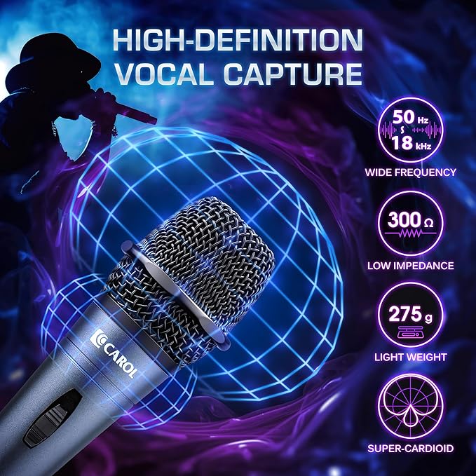 CAROL E dur-916S Gray XLR Wired Vocal Microphone for Singing – Dynamic Supercardioid Mic with Dual Shock Mount System for Karaoke &amp Public Speaking Includes Mic Clip 14.8ft XLR Cable &amp On/Of