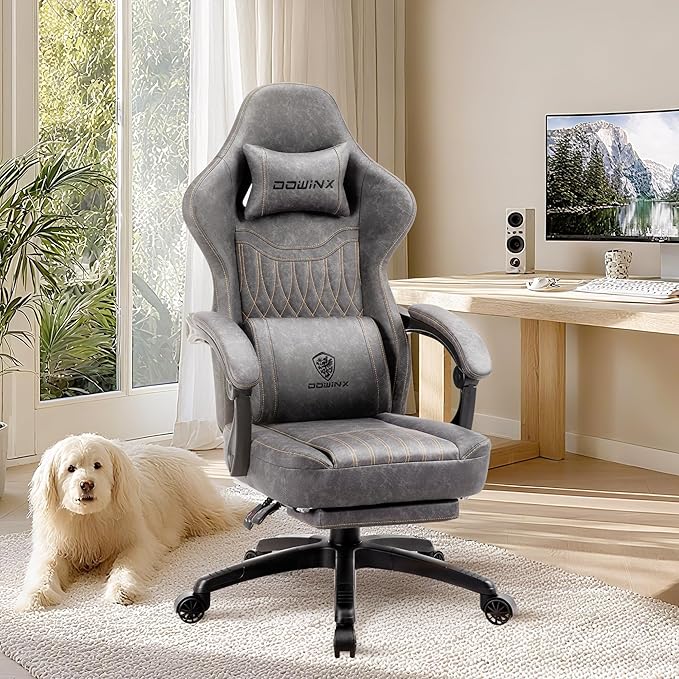 Dowinx Gaming Chair Breathable PU Leather Gamer Chair with Footrest Massage Lumbar Support Big and Tall Ergonomic Reclining Computer Chair with Pocket Spring Cushion for Adults Teens (Grey)