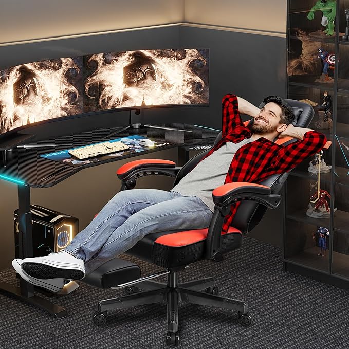 Shintenchi Gaming Chair with Footrest Massage Lumbar Support Height Adjustment and 360° Swivel Seat. Ergonomic Design for Gaming