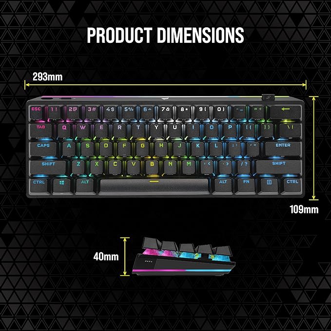Corsair K70 PRO Mini Wireless RGB 60% (CH-9189010-NA) Mechanical Gaming Keyboard (Fastest Sub-1ms Wireless Swappable Cherry MX Red Keyswitches) QWERTY NA Layout - Black (Renewed)