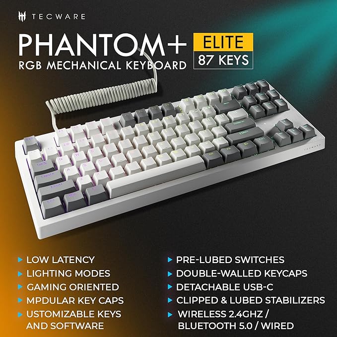 TECWARE Phantom+ Elite 87 Mechanical Gaming Keyboard | RGB LED Backlit | Hot Swappable Wraith Red Switches | 87 Key TKL Layout | Thocky Sound Profile | Tri-Mode Wireless Bluetooth/2.4GHz | White