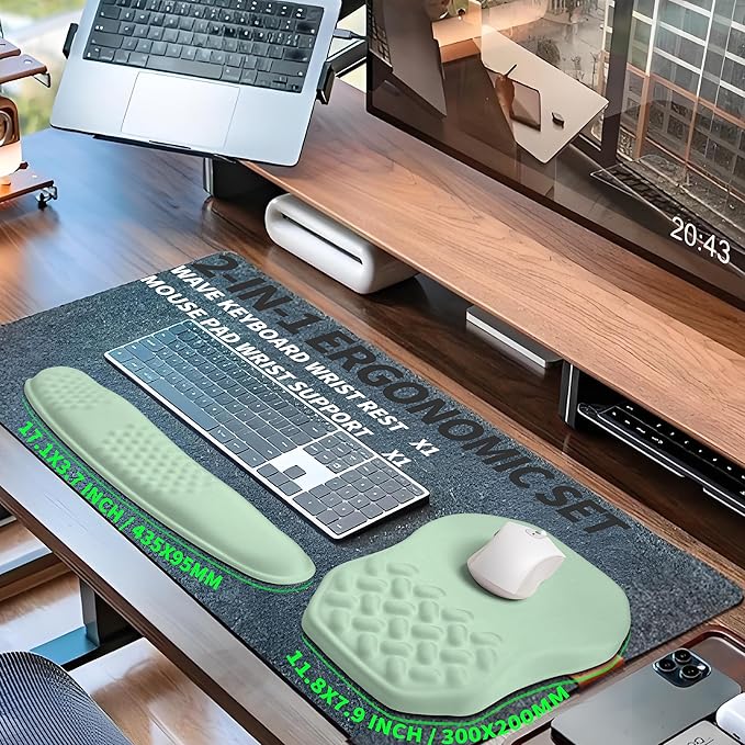 2-in-1 Ergonomic Set Wave Keyboard Wrist Rest and Massage Slope Mouse Pad Wrist Support Rebound Memory Foam for Relieve Carpal Tunnel Syndrome and Wrist Pain (Light Green)