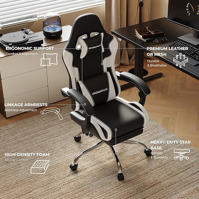 Dowinx Ergonomic Gaming Chair with Footrest Heavy Duty 330lbs Office Chair Massage Lumbar Support Adjustable Height &amp Headrest Pillow Comfortable for Back Pain Relief Streaming Long Gaming Whi