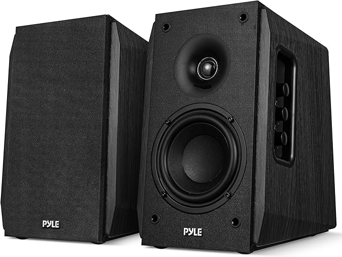 Pyle Powered Bookshelf Speaker System with Bluetooth 80W Active Stereo Speakers Bass Reflex Natural Wood Cabinet Hi Def ARC Optical Coax Subwoofer Out for Home Theater Computer Studio (Pair)