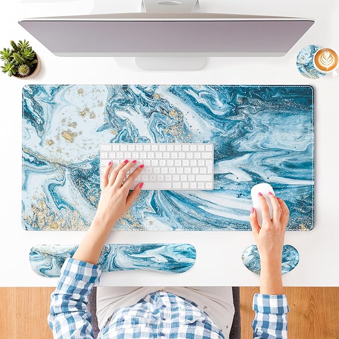 QiyI Leather Desk Mat Set 4-in-1 Large Mouse Pad with Wrist Rest Non-Slip Desk Pad + Keyboard Wrist Rest + Mouse Wrist Support + Coaster Office Desk Accessories Home Decor Supplies Blue Marble