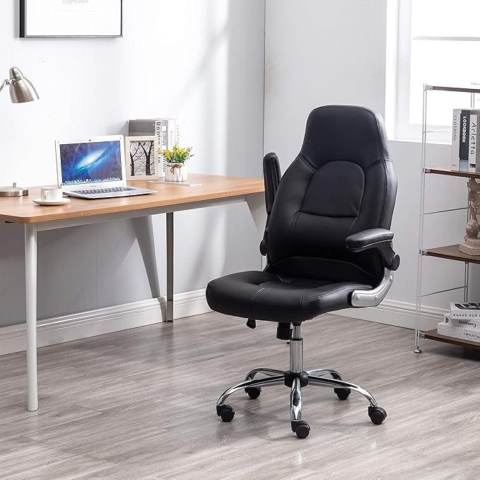 BTEXPERT Swivel Adjustable Black Home Office Gaming Chair Executive Flip up Arms with Lumbar Support Headrest PU Leather Executive High Back for Computer Adults Women Men