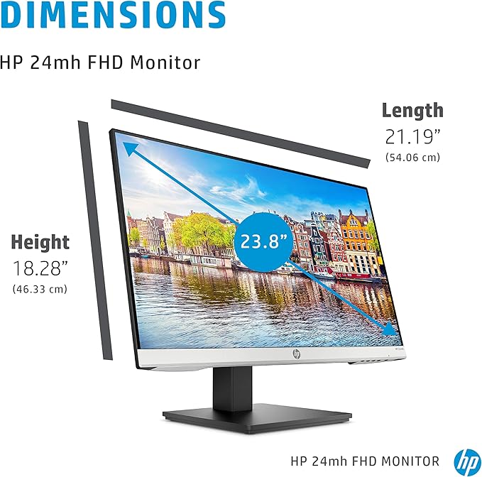HP 24mh FHD Monitor - Computer Monitor with 23.8-Inch IPS Display (1080p) - Built-in Speakers and VESA Mounting - Height/Tilt Adjustment for Ergonomic Viewing - HDMI and DisplayPort - (1D0J9AA#ABA)