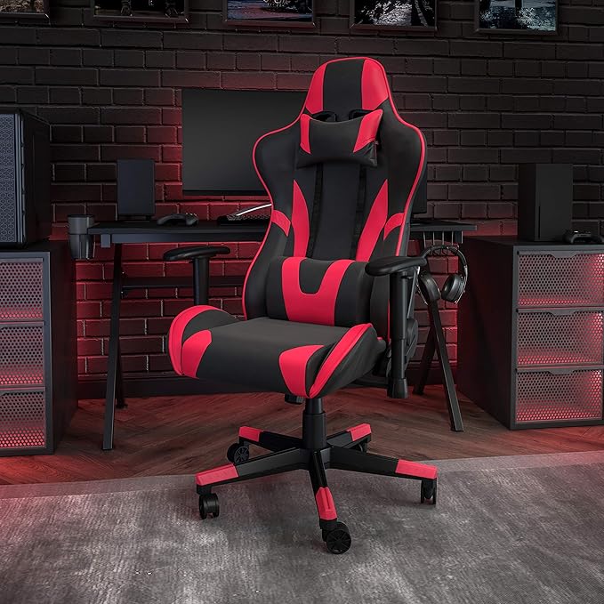 Flash Furniture X20 Fully Reclining LeatherSoft Racing Style Gaming Chair with and Lumbar Pillows Ergonomic Padded Swivel Computer Chair Red/Black