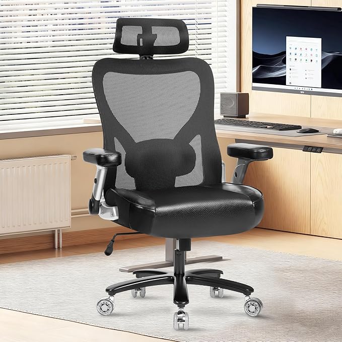 Super Big and Tall Office Chair 700lbs- Heavy Duty Executive Computer Chair with Rubber Wheels 3D Flip Arms Ergonomic Mesh High Back Desk Chair Extra Wide Seat Adjustable Lumbar Support &amp Headre