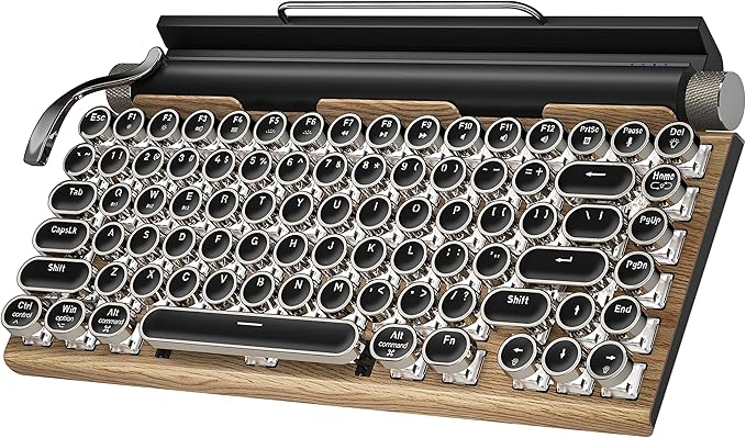 Retro Typewriter Wireless Mechanical Gaming Keyboard Bluetooth 5.0 Office Computer Vintage Keyboards 83-Key Blue Switches Punk Round Keycap LED Backlight Compatible with PC/Laptop/Pad/Phone Wood