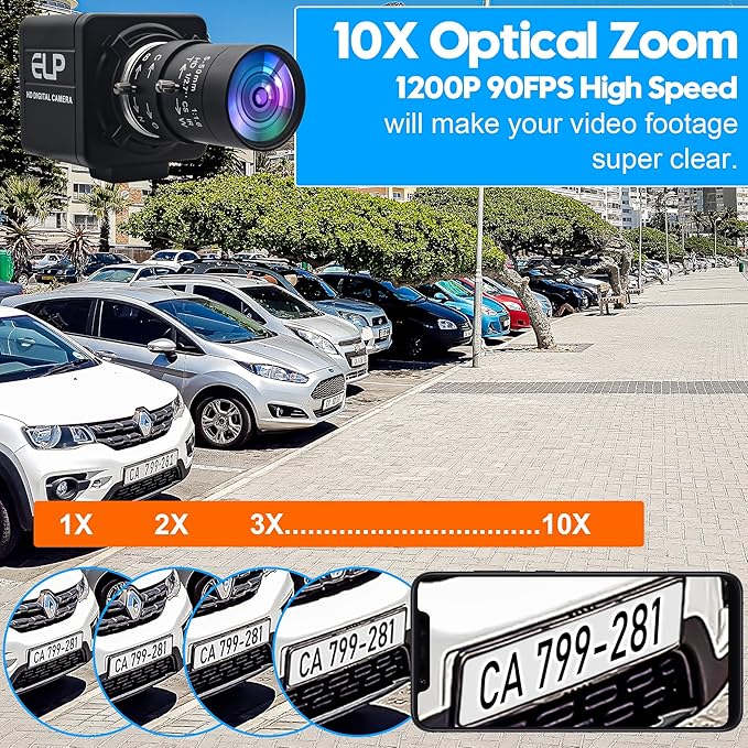 ELP Global Shutter USB Webcam - 1080P 90fps Manual Zoom Variable Focus AR0234 Close-up Camera for Laptop
