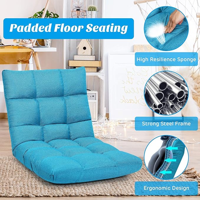Giantex Adjustable Floor Gaming Sofa Chair 14-Position Cushioned Folding Lazy Recliner High Resilience Sponge Breathable Cotton &amp Linen Fabric Sleeper Bed Couch Recliner with Removable Cover