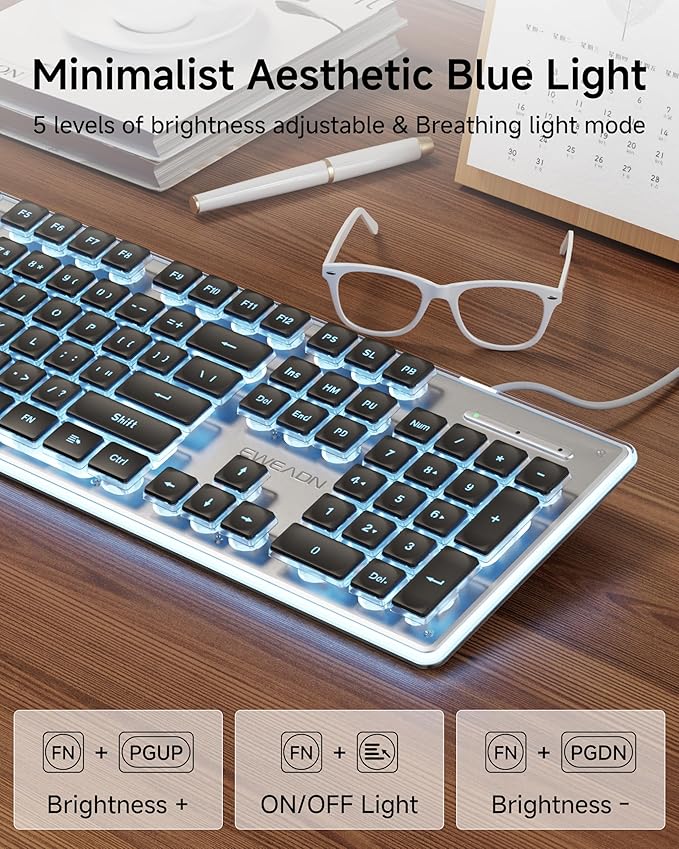 EWEADN GX710S Backlit Computer Keyboards Wired USB Keyboard with Blue Backlit Metal Panel Plug and Play Pudding Keycaps Full Size Quite Computer Keyboard for Win/PC/Laptop-Black