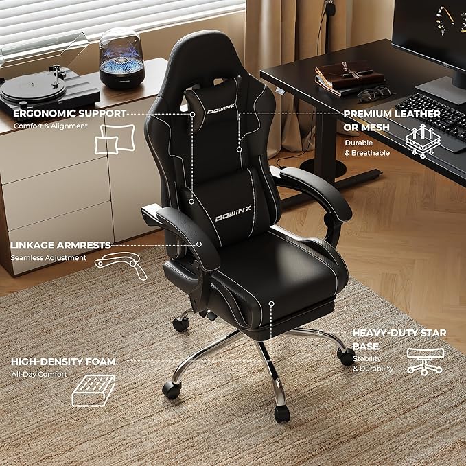 Gaming Chair with Footrest &amp Massage Lumbar Ergonomic Computer Chair 330lbs with Headrest Pillow for Office Home Streaming and Long Gaming SessionsDark Black
