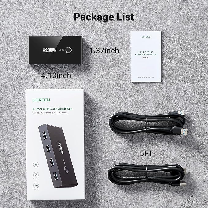 UGREEN USB 3.0 Switch Selector 2 Computers Share 4 USB Ports USB Switcher USB for PC Laptop Keyboard Mouse Printer Scanner One Button Switch Adapter with 2 Pack USB 3.0 Cables