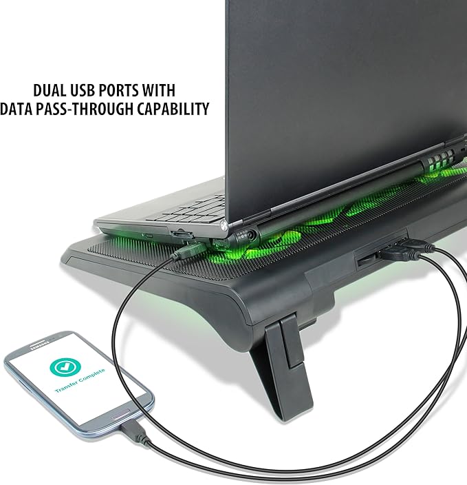 Enhance Gaming Laptop Cooling Pad Stand with LED Cooler Fans Adjustable Height &amp Dual USB Port for 17 inch Laptops - 5 Ultra Quiet High Performance Fans 2630 RPM &amp Built-in Bumpers - Green